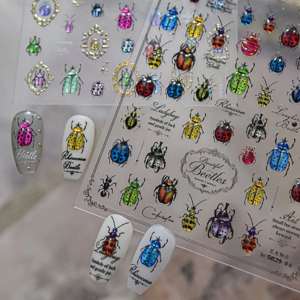 Vintage Beetle & Ladybug 3D Insect Nail Stickers - Botanical Nature Decals