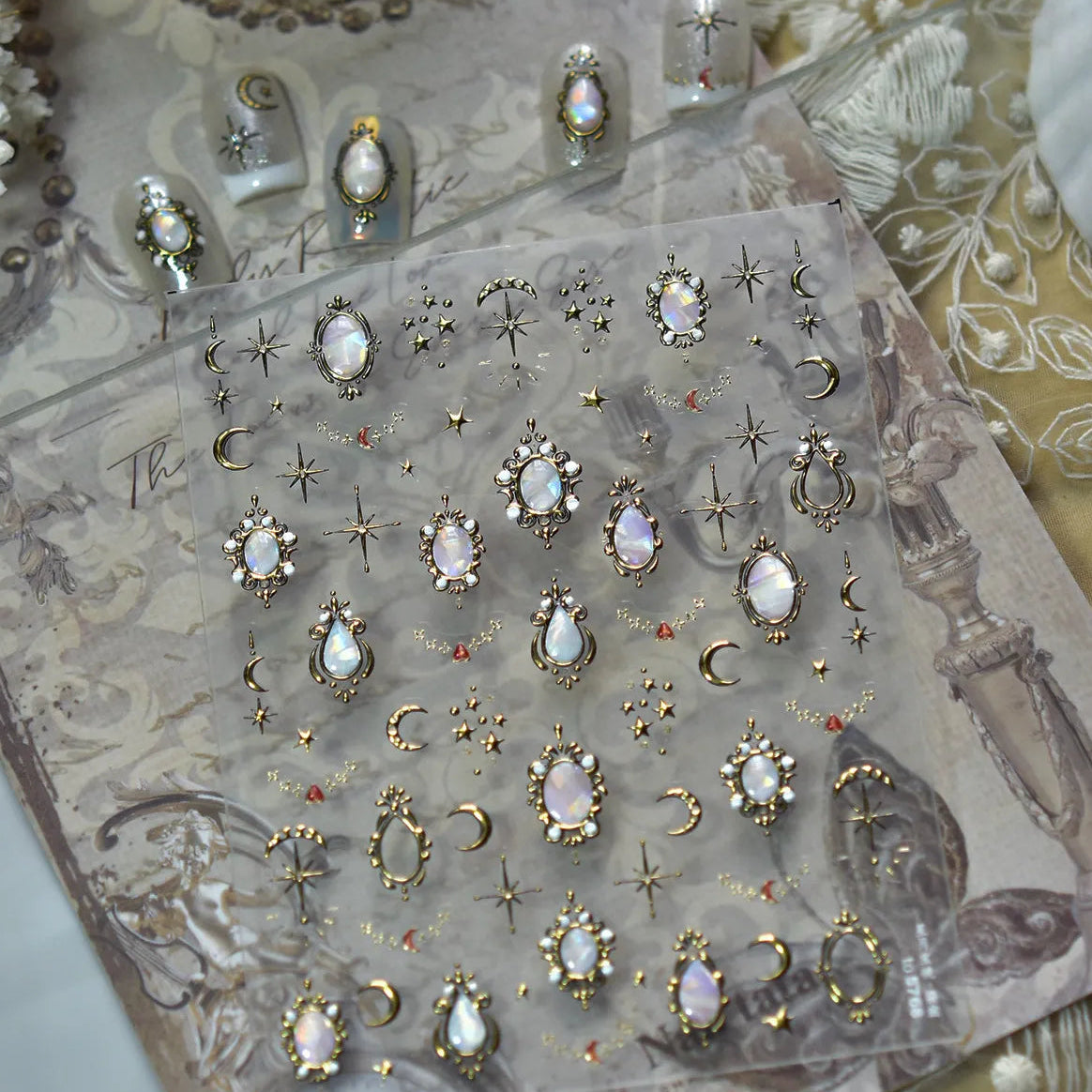 Vintage Celestial Opal Mirror Nail Stickers | Pearl Heart Locket Decals