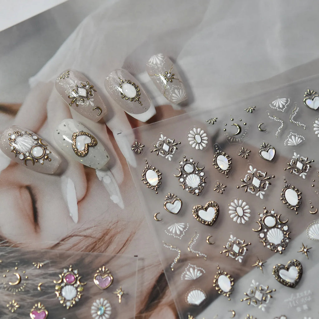 Vintage Celestial Opal Mirror Nail Stickers | Pearl Heart Locket Decals