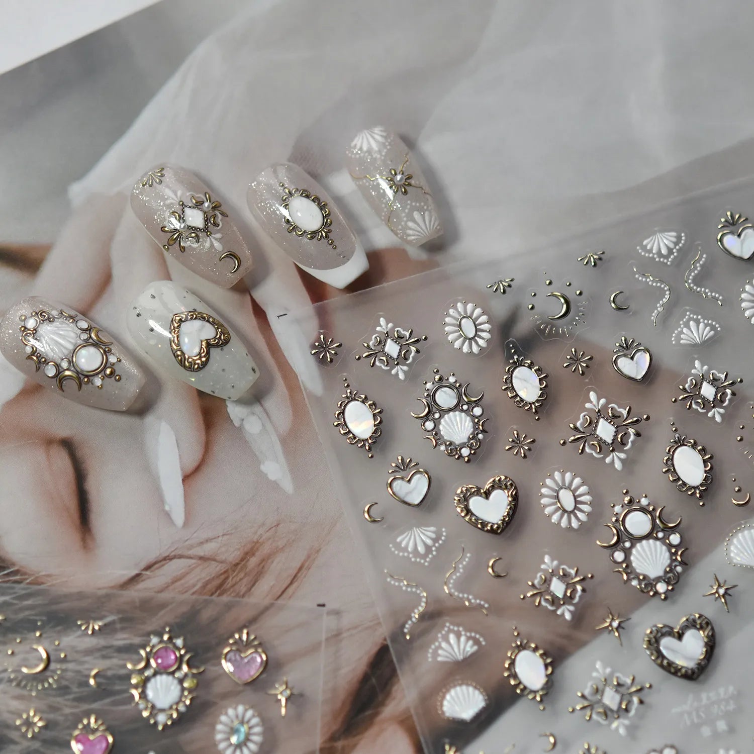 Vintage Celestial Opal Mirror Nail Stickers | Pearl Heart Locket Decals