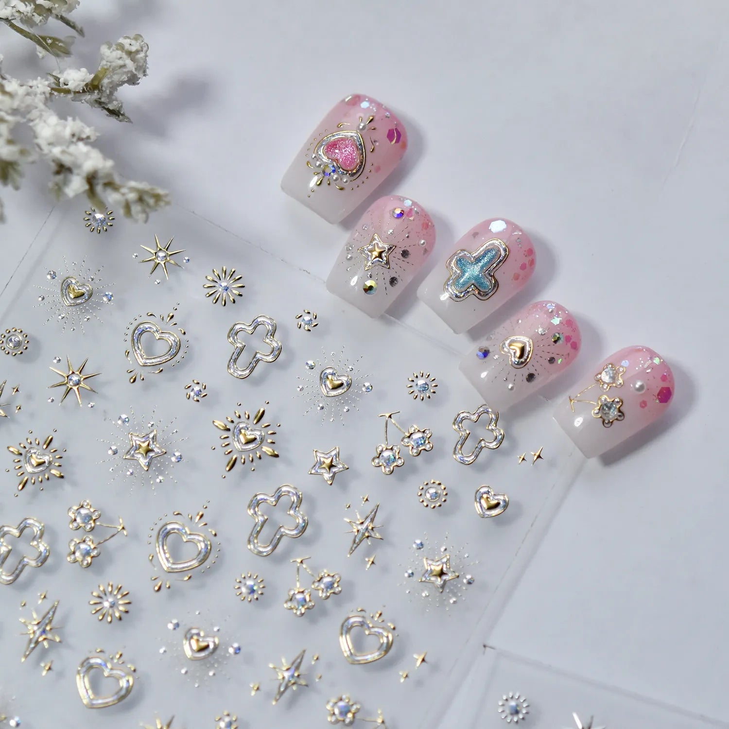 Vintage Celestial Opal Mirror Nail Stickers | Pearl Heart Locket Decals