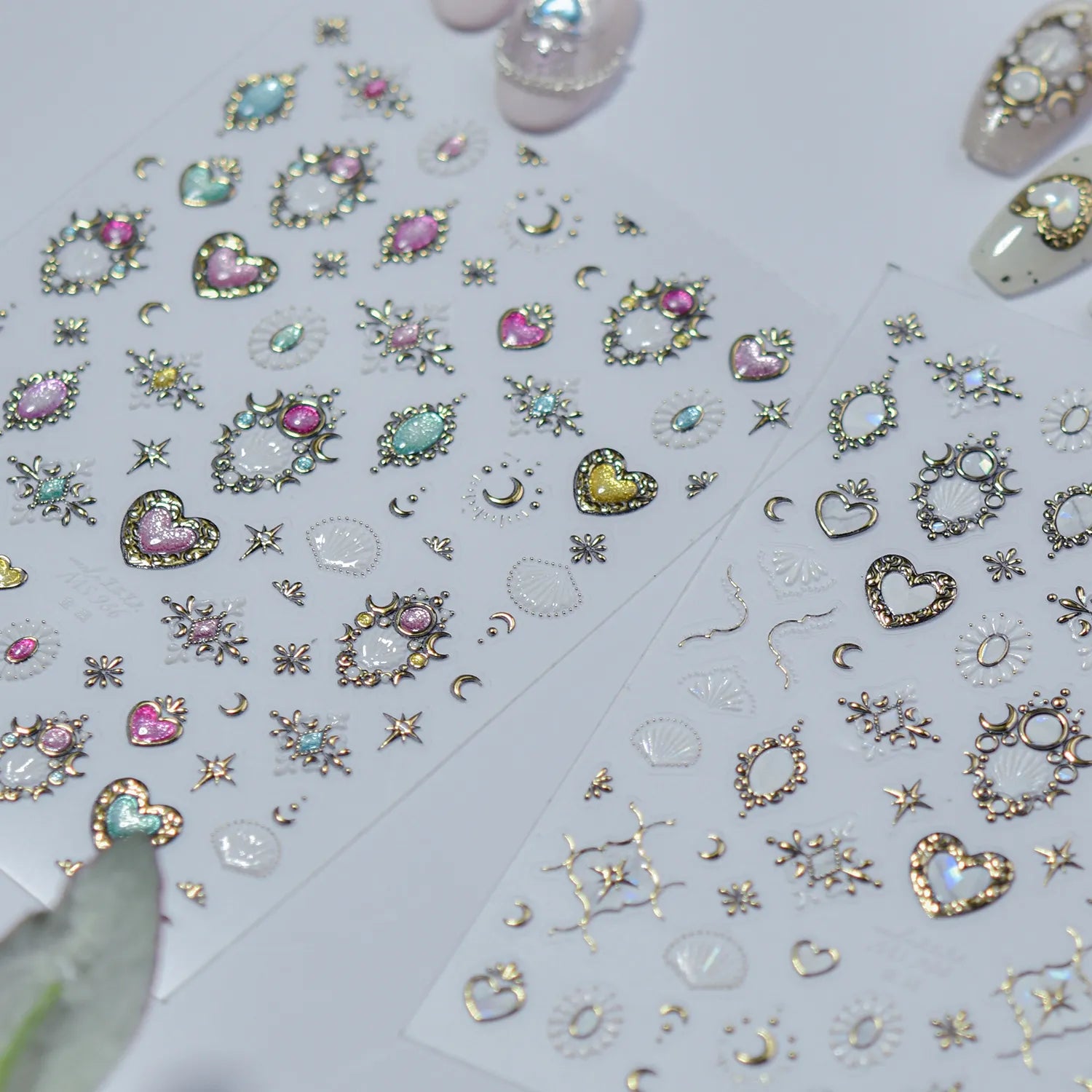 Vintage Celestial Opal Mirror Nail Stickers | Pearl Heart Locket Decals