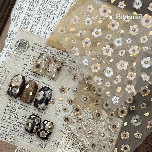 Vintage Floral Nail Stickers with Gold Glitter & Pearl Accents 