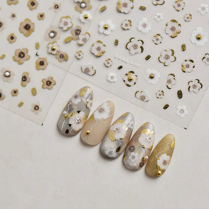 Vintage Floral Nail Stickers with Gold Glitter & Pearl Accents 