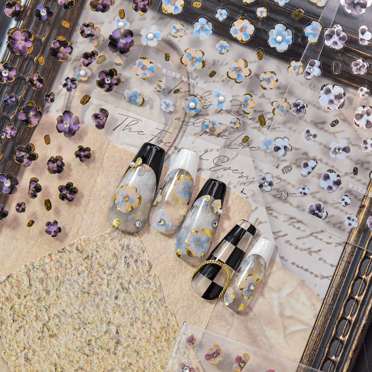 Vintage Floral Nail Stickers with Gold Glitter & Pearl Accents 