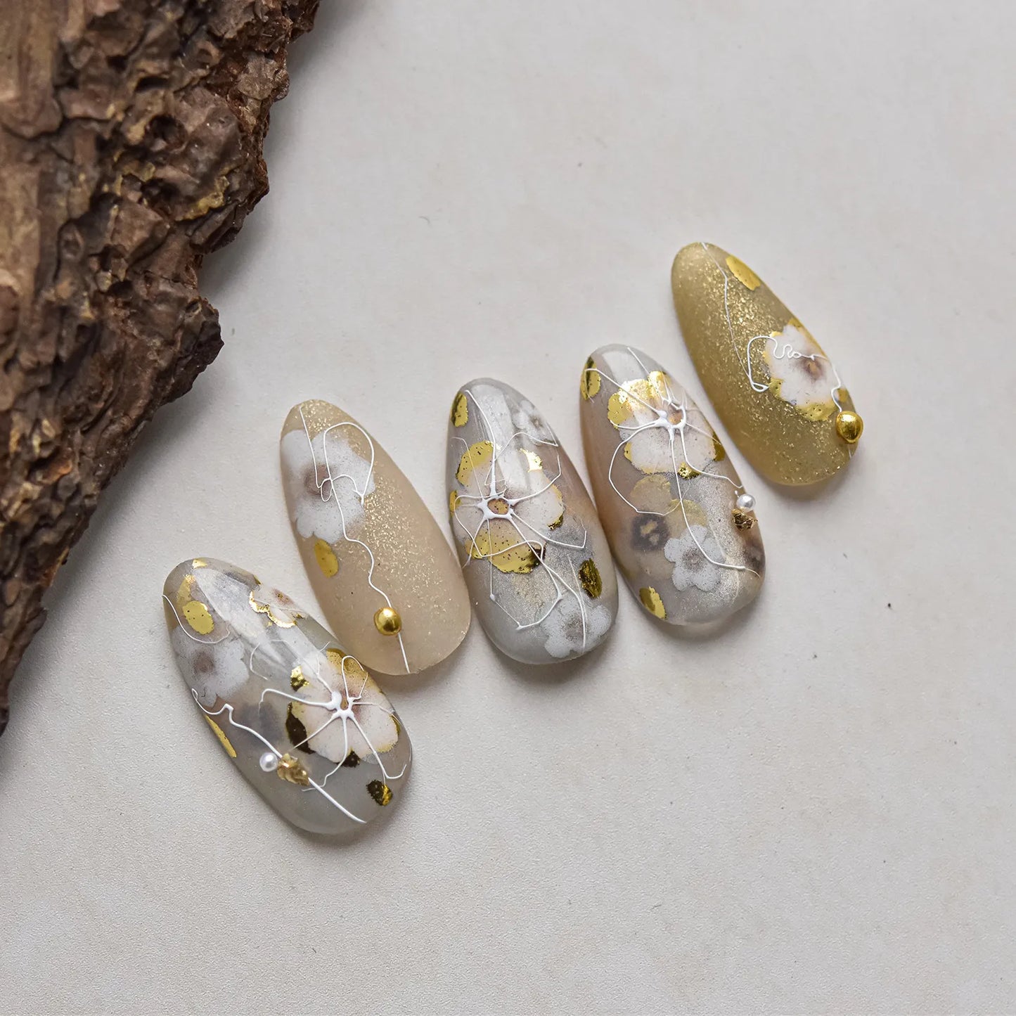 Vintage Floral Nail Stickers with Gold Glitter & Pearl Accents 
