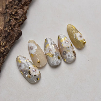 Vintage Floral Nail Stickers with Gold Glitter & Pearl Accents 