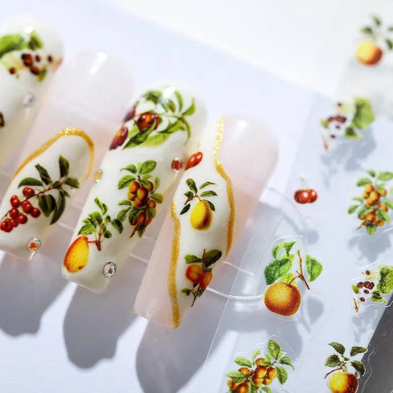 Vintage Fruit Nail Stickers | Artistic Botanical Cherry & Lemon Nail Art Decals TS1446