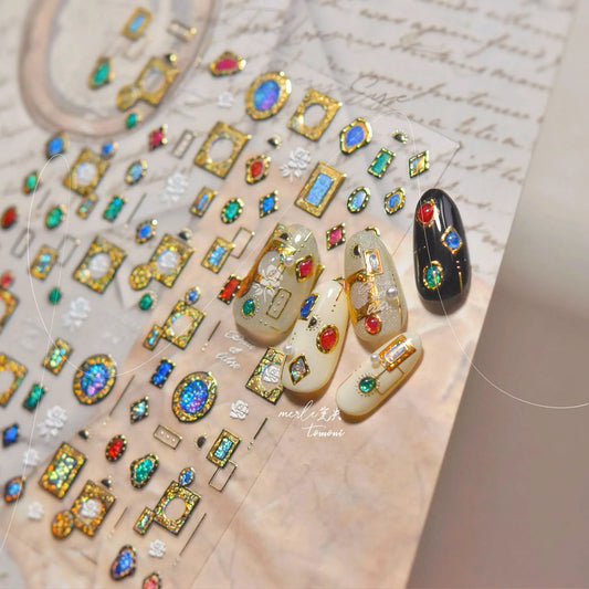 Vintage Gold Frame Gem Nail Art Stickers - Elegant 3D Luxury Decals MS740