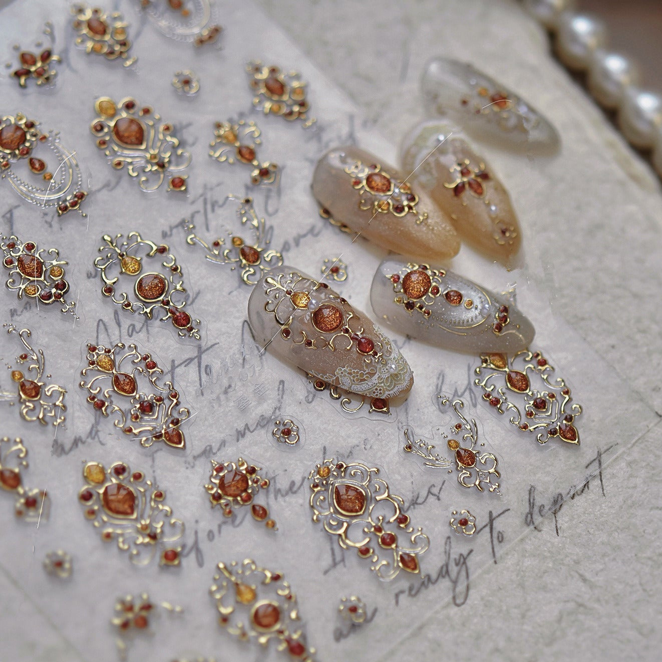 Vintage Gold Gemstone Nail Stickers for DIY Manicure MS898