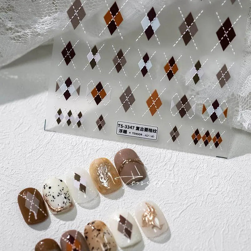 Vintage Grid Nail Art Sticker 5D Embossed Checked Print Sticker Decals TS3346