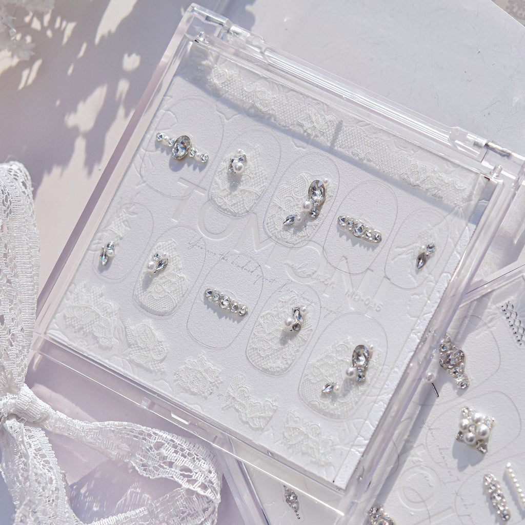 Vintage Lace Rhinestone Nail Stickers – Pre-Arranged Self-Adhesive Nail Gems MD025