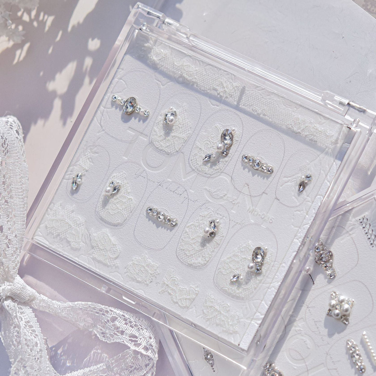 Vintage Lace Rhinestone Nail Stickers – Pre-Arranged Self-Adhesive Nail Gems MD025