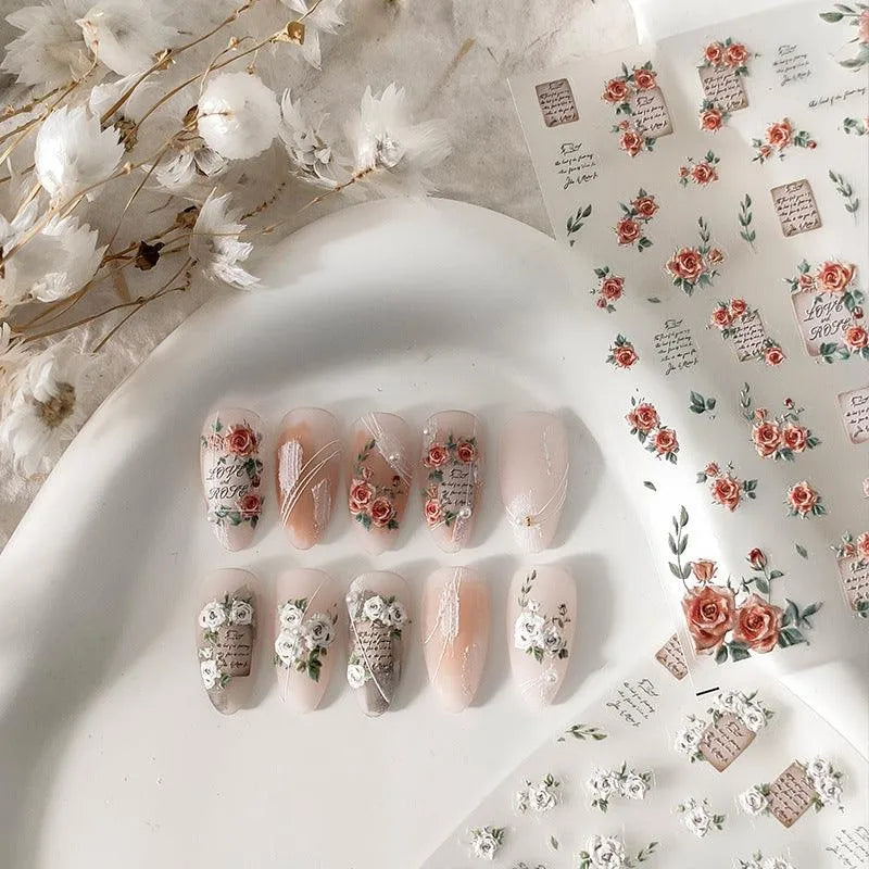 Vintage Letter Roses Nail Art Stickers Adhesive Embossed Rose Flowers Sticker Decals 
