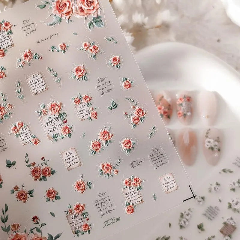 Vintage Letter Roses Nail Art Stickers Adhesive Embossed Rose Flowers Sticker Decals 