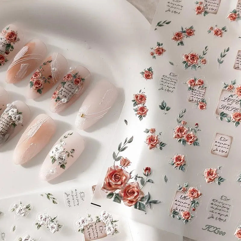Vintage Letter Roses Nail Art Stickers Adhesive Embossed Rose Flowers Sticker Decals 