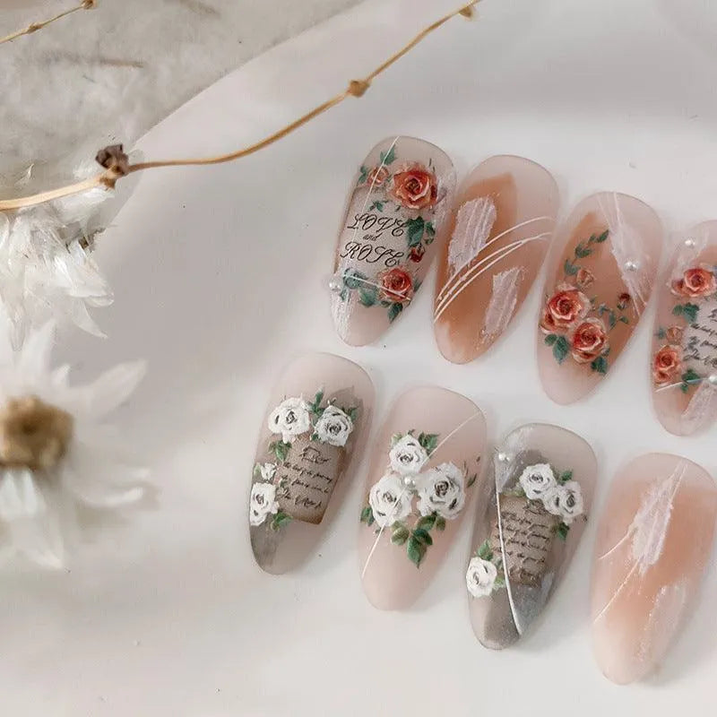 Vintage Letter Roses Nail Art Stickers Adhesive Embossed Rose Flowers Sticker Decals 