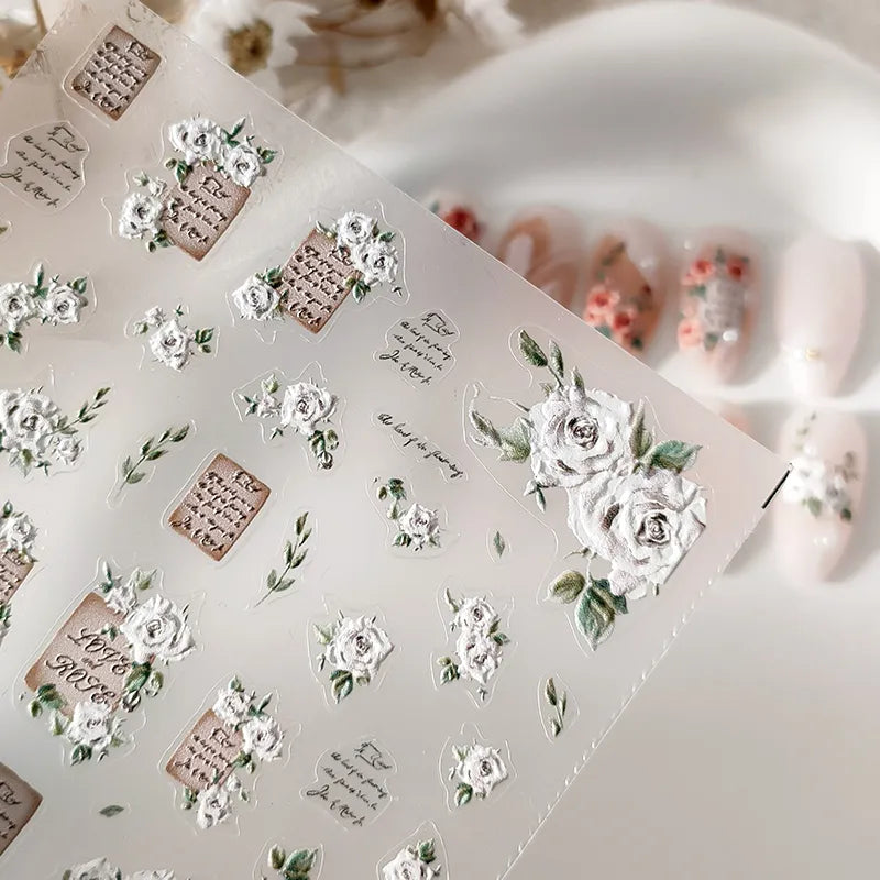 Vintage Letter Roses Nail Art Stickers Adhesive Embossed Rose Flowers Sticker Decals 