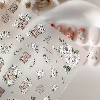 Vintage Letter Roses Nail Art Stickers Adhesive Embossed Rose Flowers Sticker Decals 