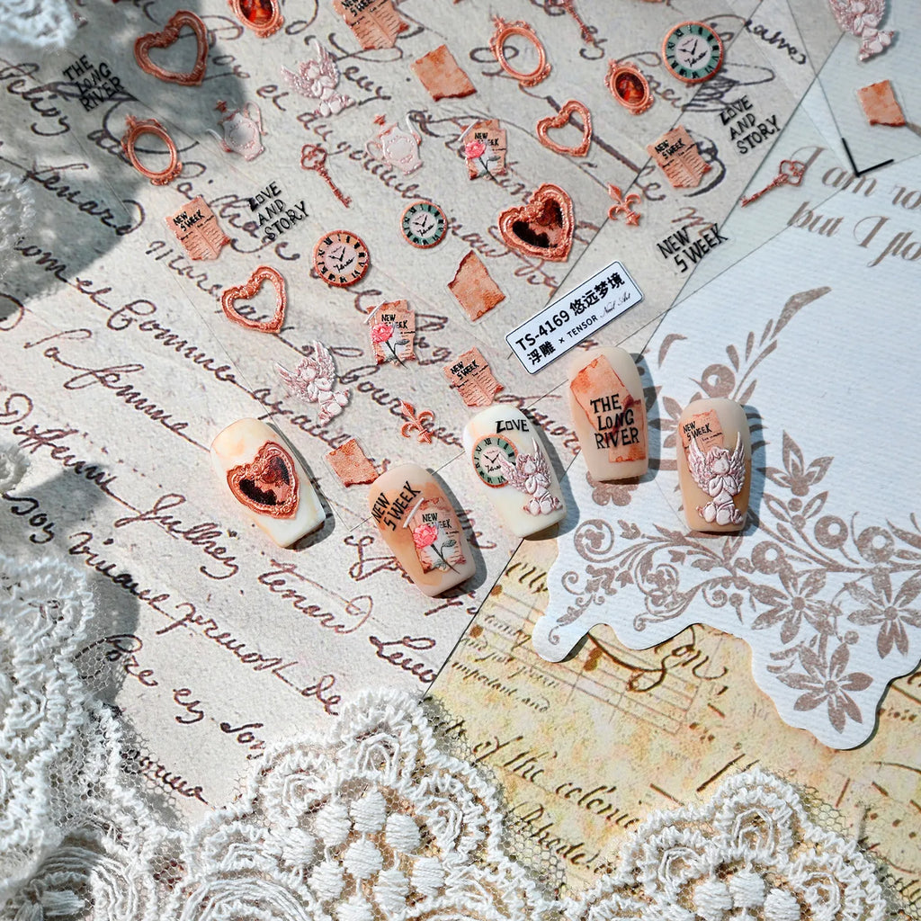 Vintage Love Story 3D Nail Stickers - Retro Romantic Steampunk Decals TS4169