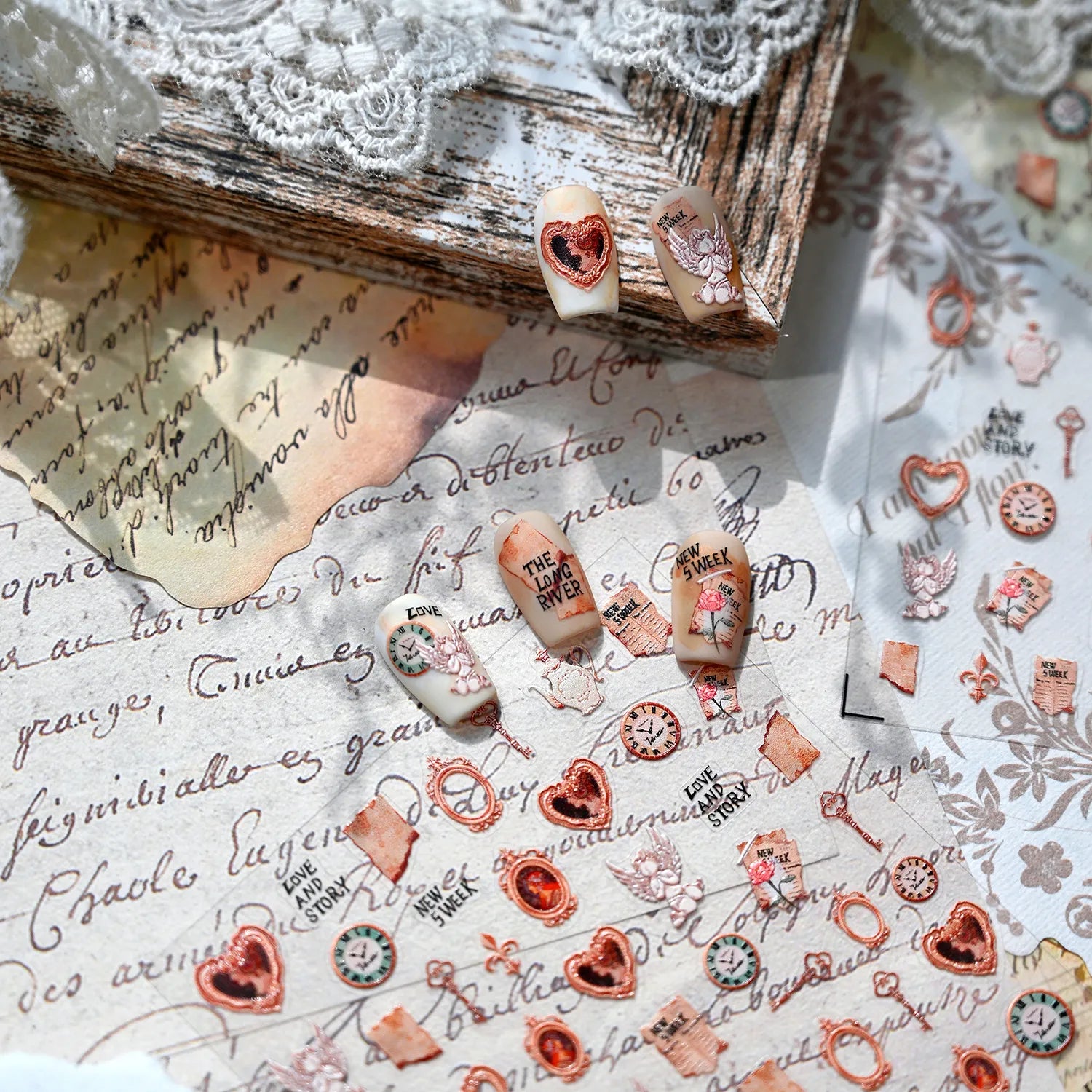 Vintage Love Story 3D Nail Stickers - Retro Romantic Steampunk Decals TS4169