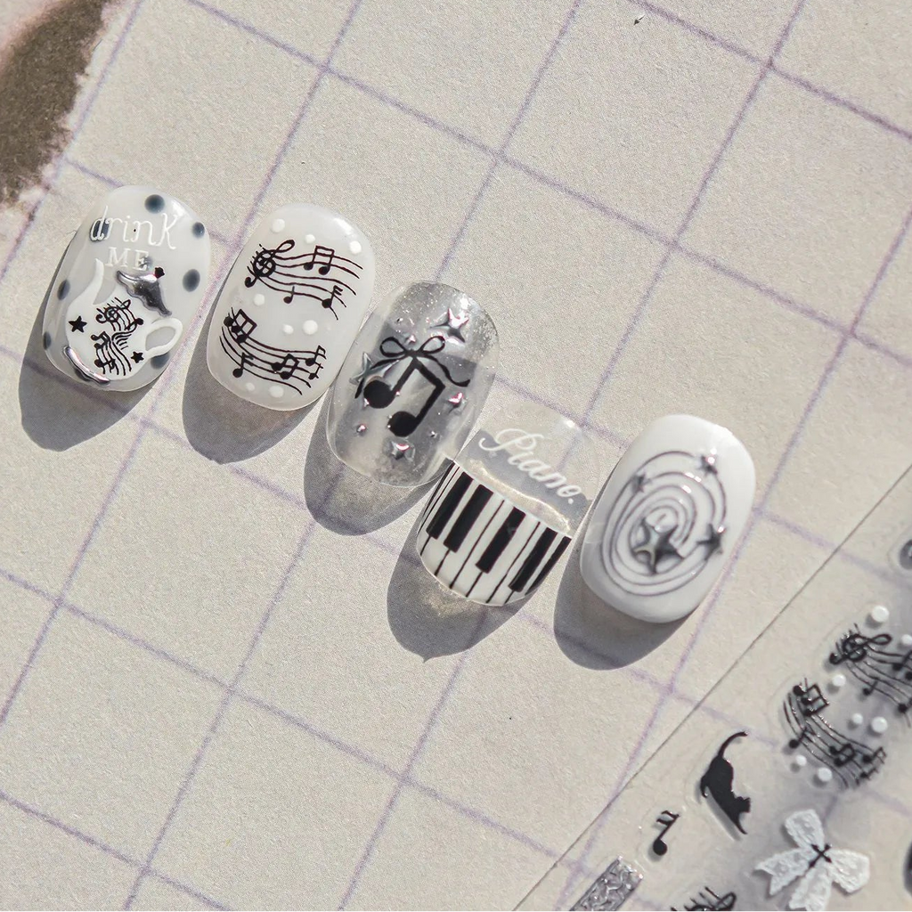 Vintage Music Note & Cat Nail Stickers