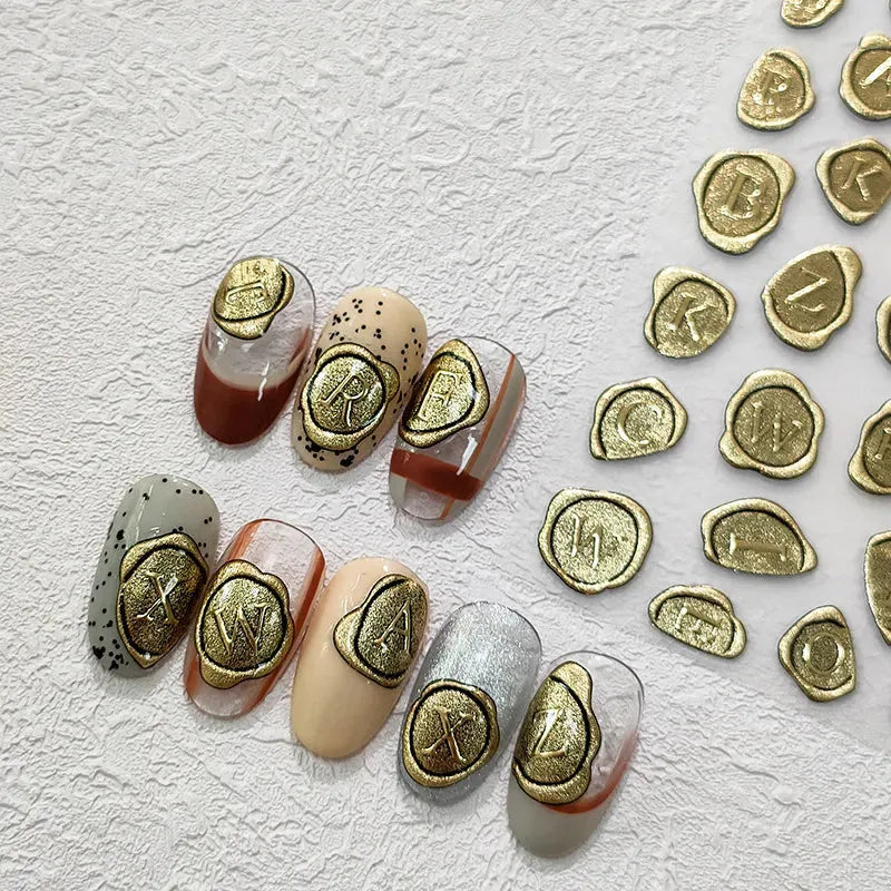 Vintage Stamp Letters Nail Art Stickers Retro Gold Metal Adhesive Sticker Decals M154