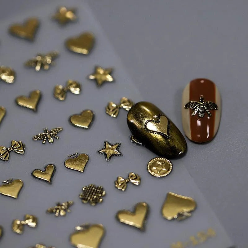 Vintage Stamp Letters Nail Art Stickers Retro Gold Metal Adhesive Sticker Decals M154