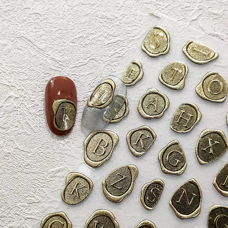 Vintage Stamp Letters Nail Art Stickers Retro Gold Metal Adhesive Sticker Decals M154