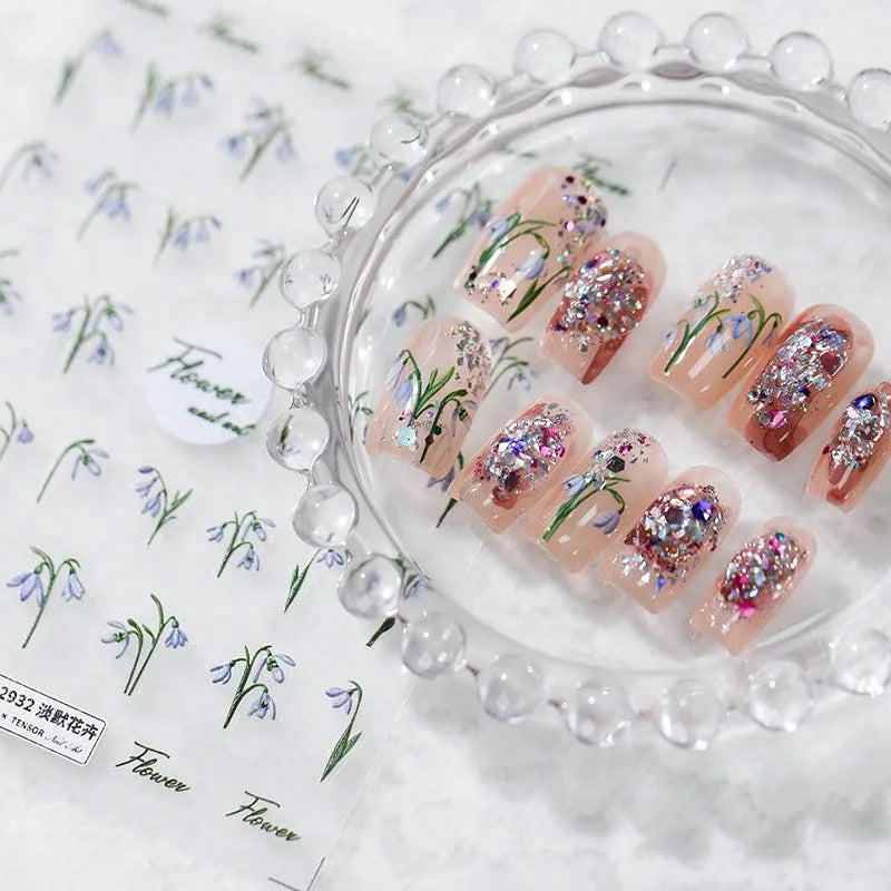 Violet Flower Nail Art Stickers Adhesive Slider Lily of the Valley Sticker Decals TS2931