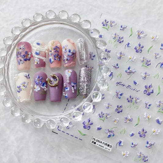 Violets Nail Art Stickers 3D Adhesive Sliders Gillyflower Sticker Decals TS2954
