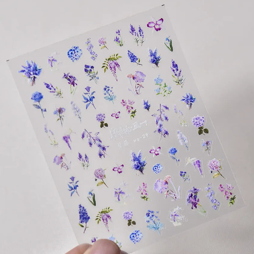 Elegant 5D Iris Flower Nail Stickers Artistic Purple Floral Sticker Decals