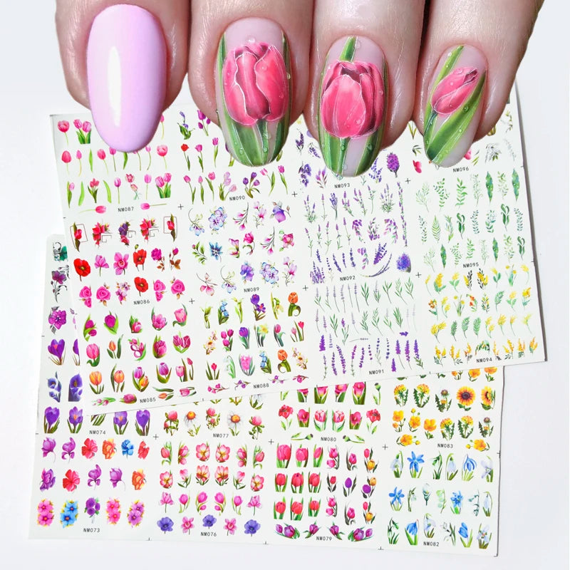 Watercolor Floral Nail Water Decals | Tulip Lavender Flower Slider Stickers