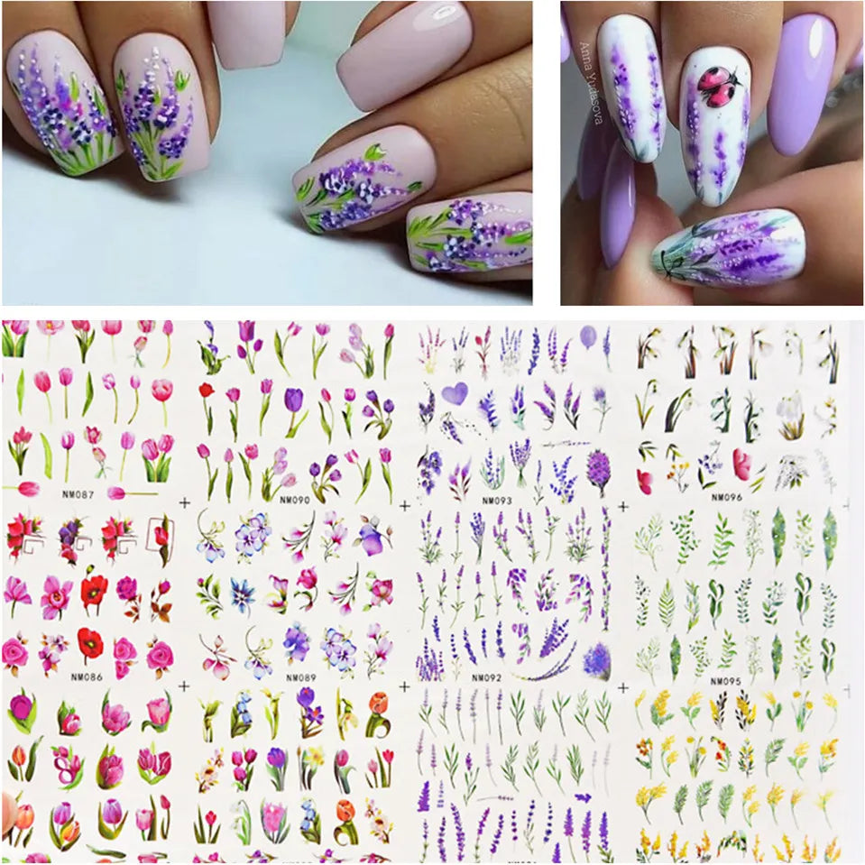 Watercolor Floral Nail Water Decals | Tulip Lavender Flower Slider Stickers