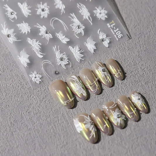 White 3D Flower Nail Art Stickers Adhesive Slider Flowers with Beads Sticker Decals TL106