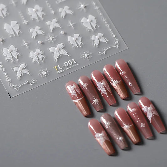 White Bow Floral Nail Art Stickers Adhesive Rose Flower Vines Sticker Decals TL001