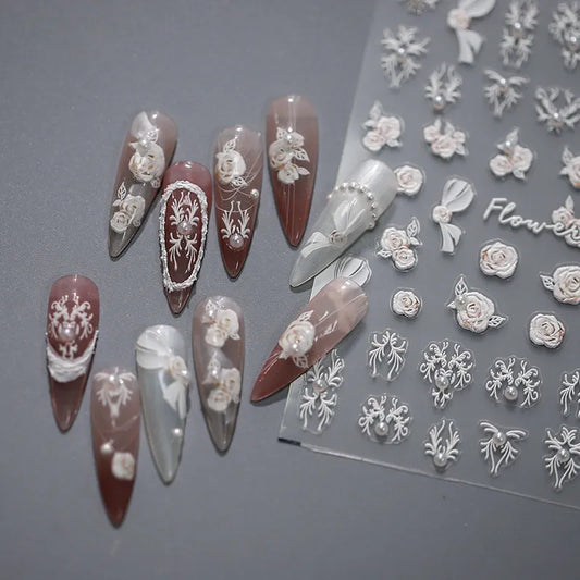 White Bow Floral Nail Art Stickers Adhesive Rose Flower Vines Sticker Decals TL001