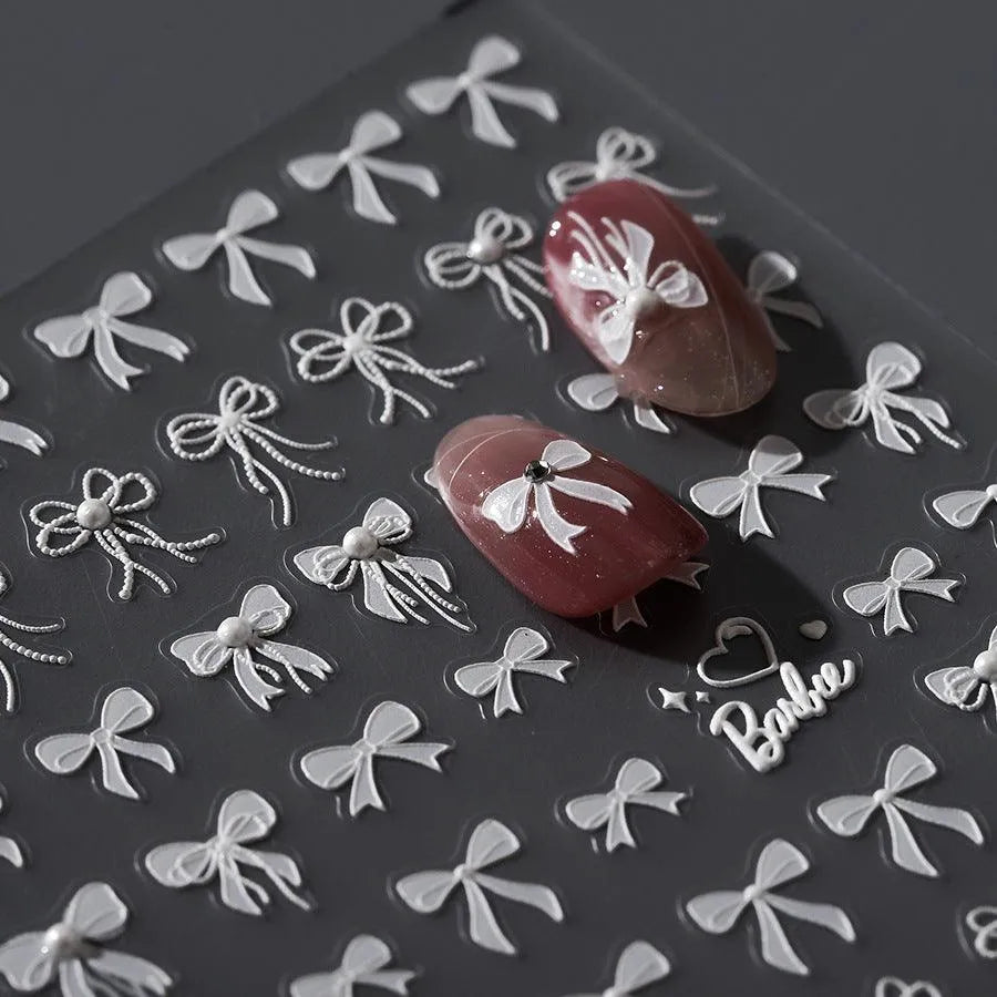 White Bow Nail Art Stickers Bows With Pearl Adhesive Embossed Sticker Decals 