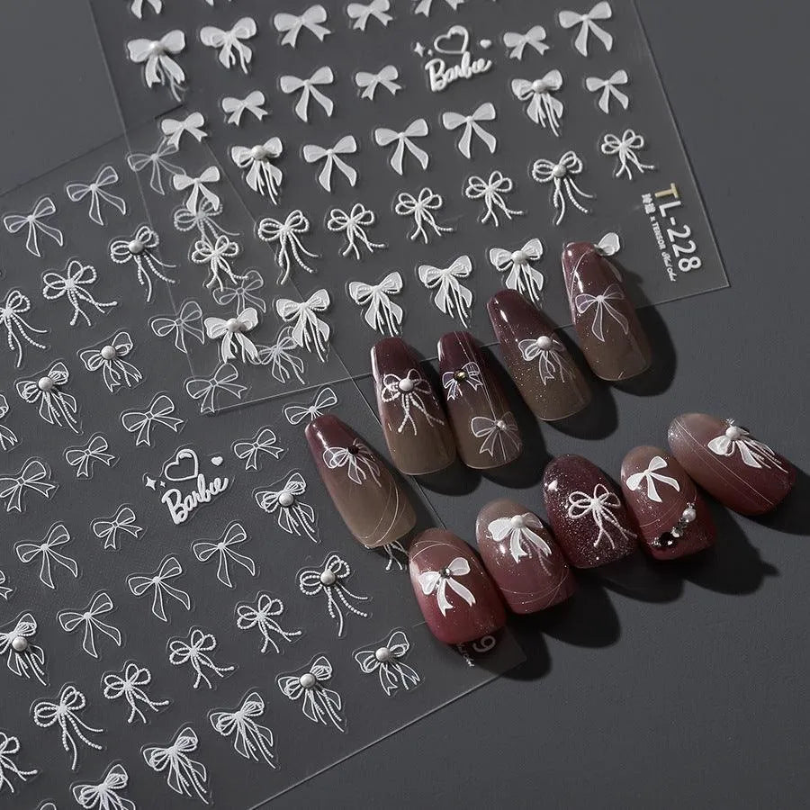 White Bow Nail Art Stickers Bows With Pearl Adhesive Embossed Sticker Decals 