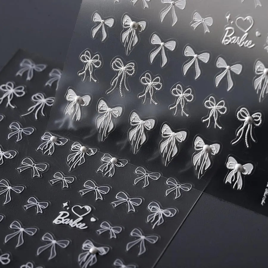 White Bow Nail Art Stickers Bows With Pearl Adhesive Embossed Sticker Decals 