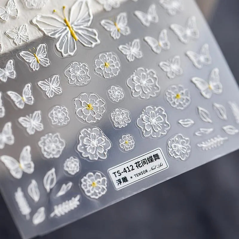 White Butterfly Flower Nail Art Stickers Adhesives Butterfly Sticker Decals TS412
