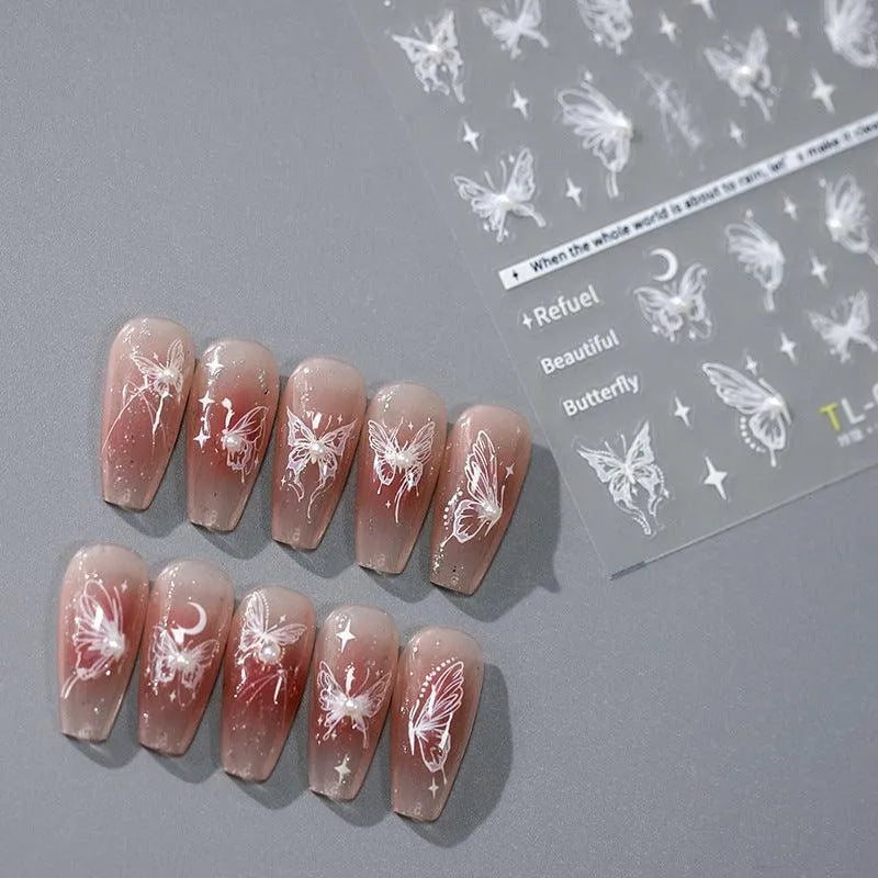 White Butterfly Nail Art Stickers Adhesive Embossed Moon with Beads Sticker Decals TL027