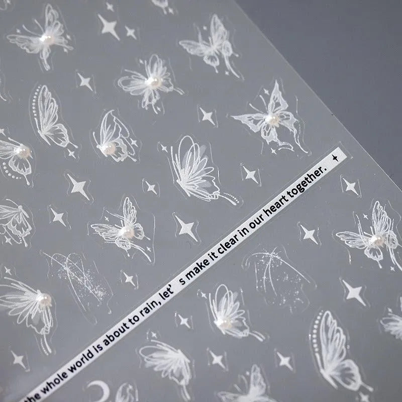 White Butterfly Nail Art Stickers Adhesive Embossed Moon with Beads Sticker Decals TL027