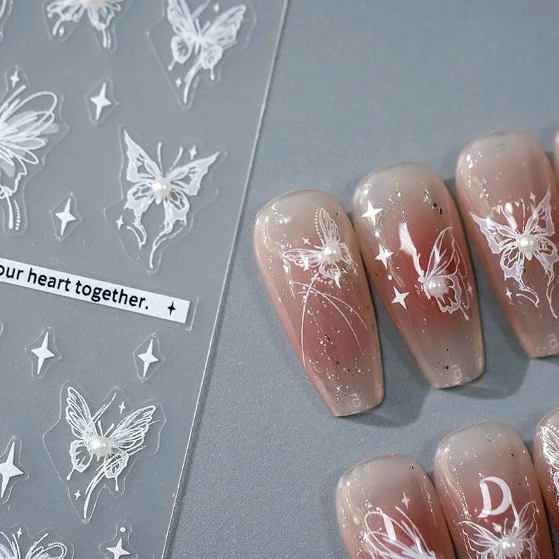 White Butterfly Nail Art Stickers Adhesive Embossed Moon with Beads Sticker Decals TL027