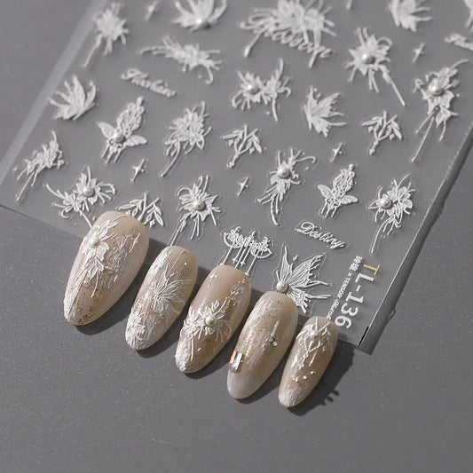 White Butterfly Nail Art Stickers Adhesive Embossed Sticker Decals TL126