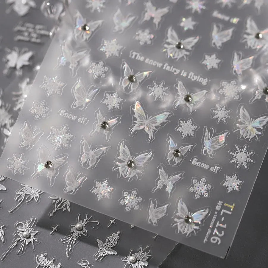 White Butterfly Nail Art Stickers Adhesive Embossed Sticker Decals TL126