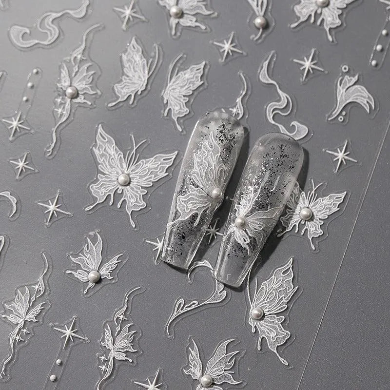 White Butterfly Nail Art Stickers Adhesive Slider 3D Butterfly with Beads Sticker Decals TL104