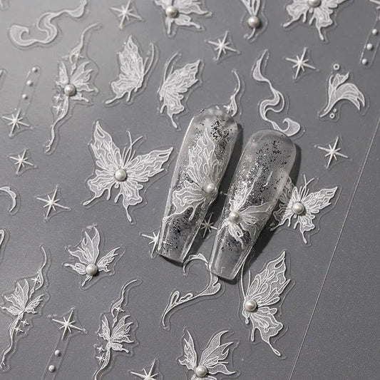 White Butterfly Nail Art Stickers Adhesive Slider 3D Butterfly with Beads Sticker Decals TL104