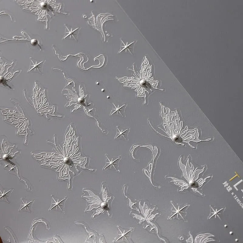 White Butterfly Nail Art Stickers Adhesive Slider 3D Butterfly with Beads Sticker Decals TL104