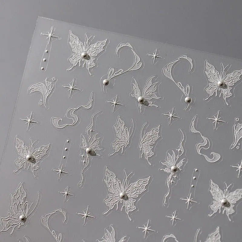 White Butterfly Nail Art Stickers Adhesive Slider 3D Butterfly with Beads Sticker Decals TL104